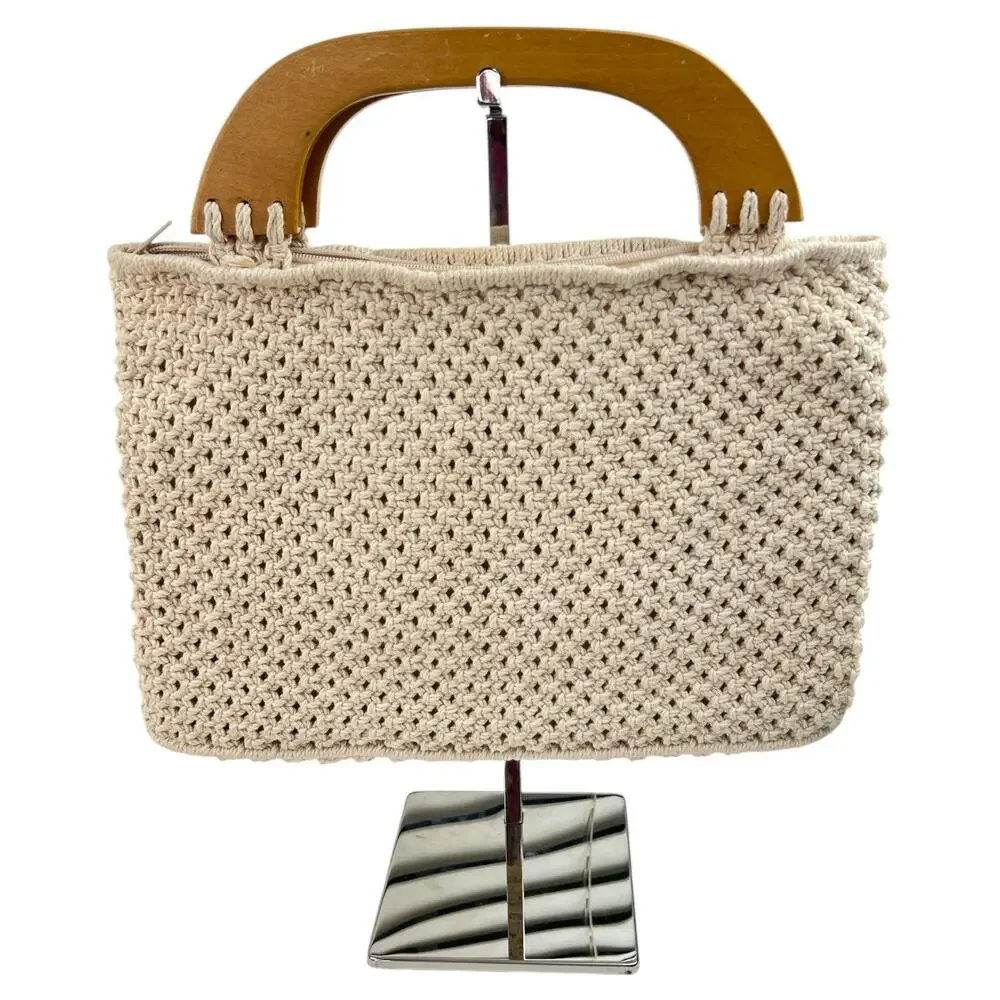 Vintage 70s Macrame Handbag Cream Boho Purse Painted Wooden Handles Folk Art